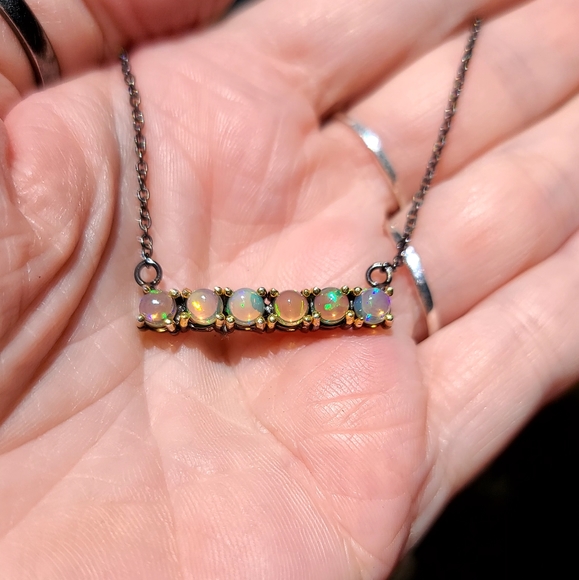 6k Opal sterling rhodium & gold bar necklace - Picture 4 of 6